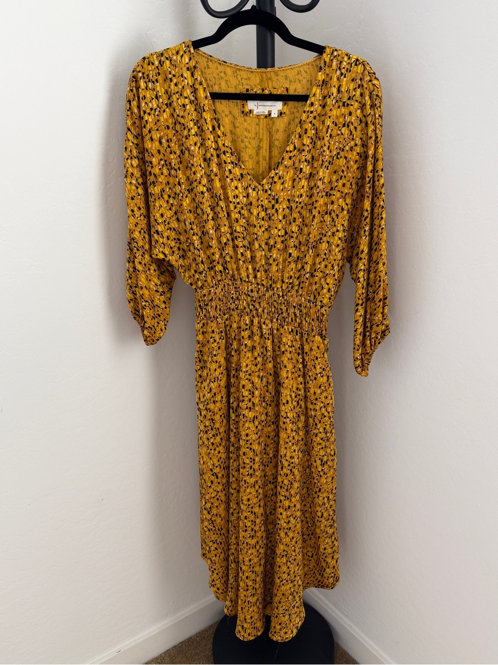 Anthropologie Mustard Floral V-Neck Midi Dress